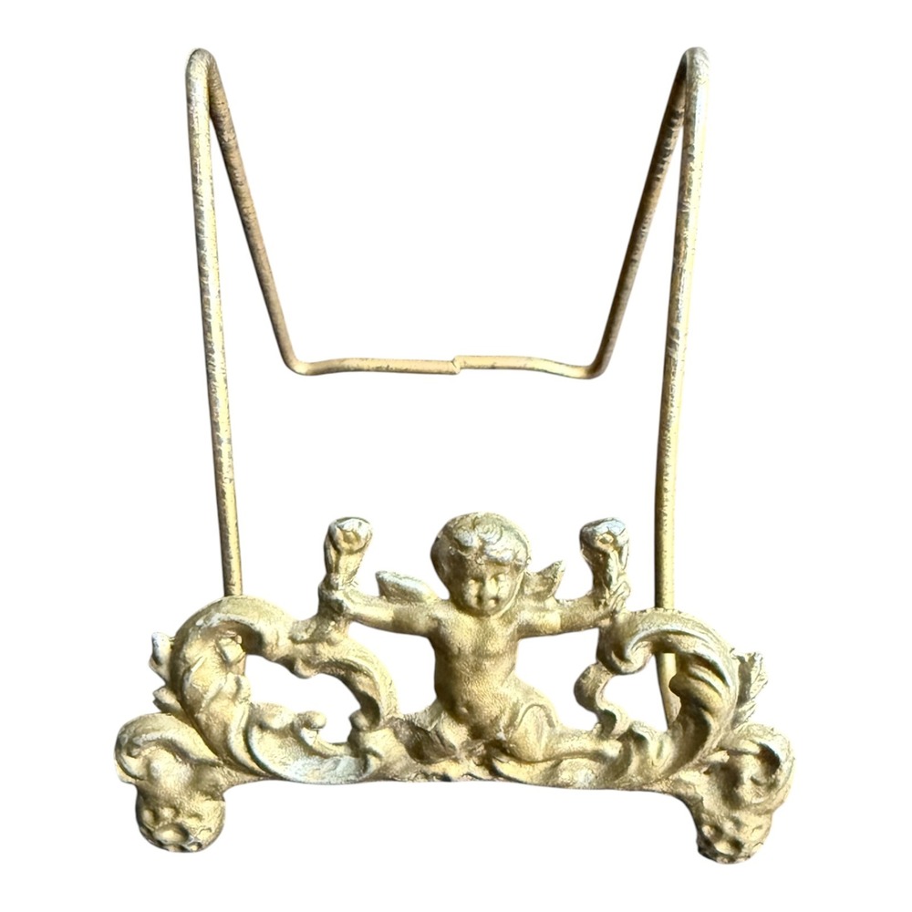 Antique W.H. Howell Gold Metal Cherub Angel Plate Stand Ornate Picture Easel